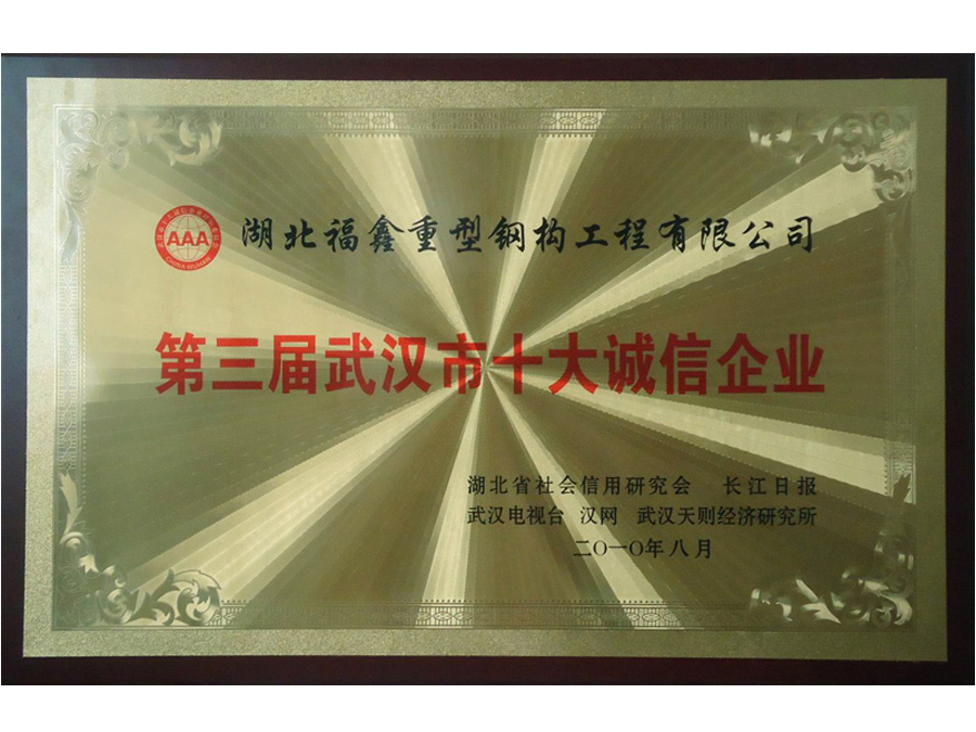 2010年8月武漢市十大誠信企業(yè)